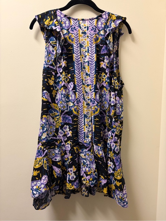 Free People Dresses & Skirts - Free People Boho Sleeveless Floral Ruffle Linen-Blend Dress in Purple Black Gold